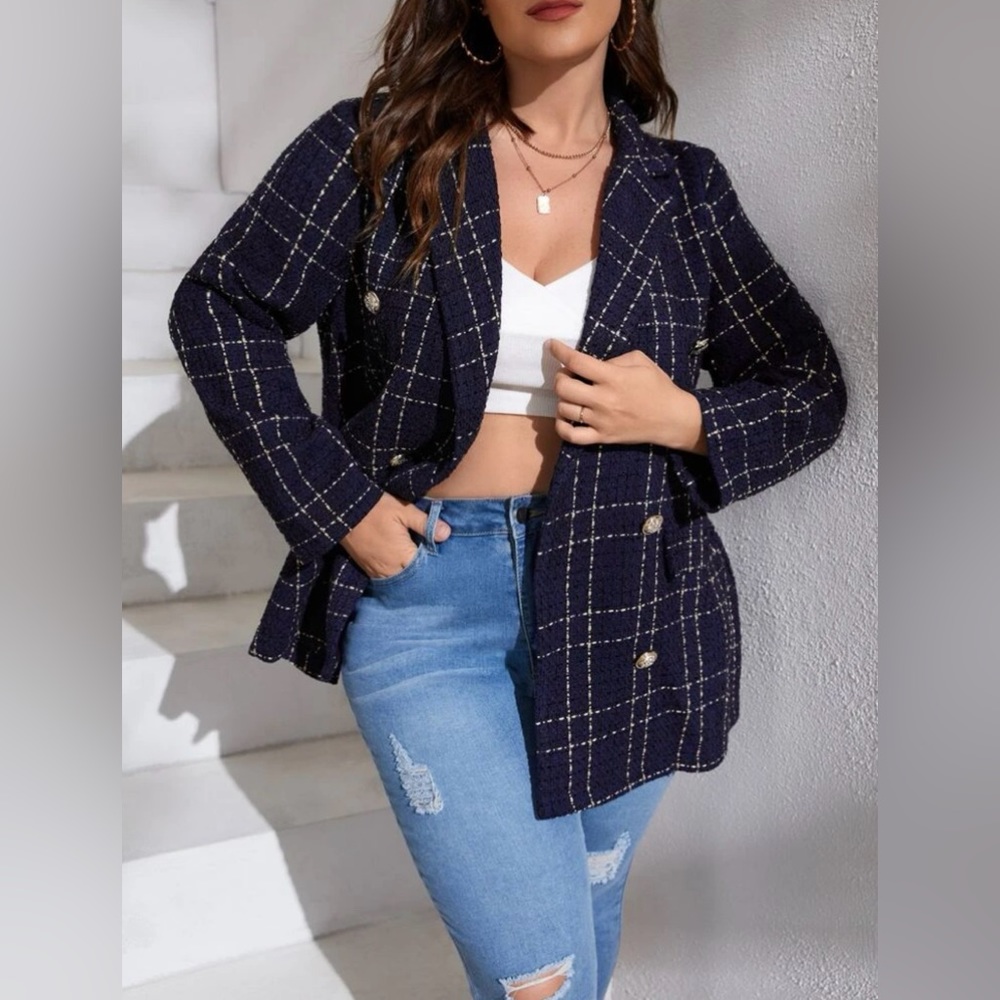 NEW SHEIN Plus Plaid Pattern Double Breasted Overcoat